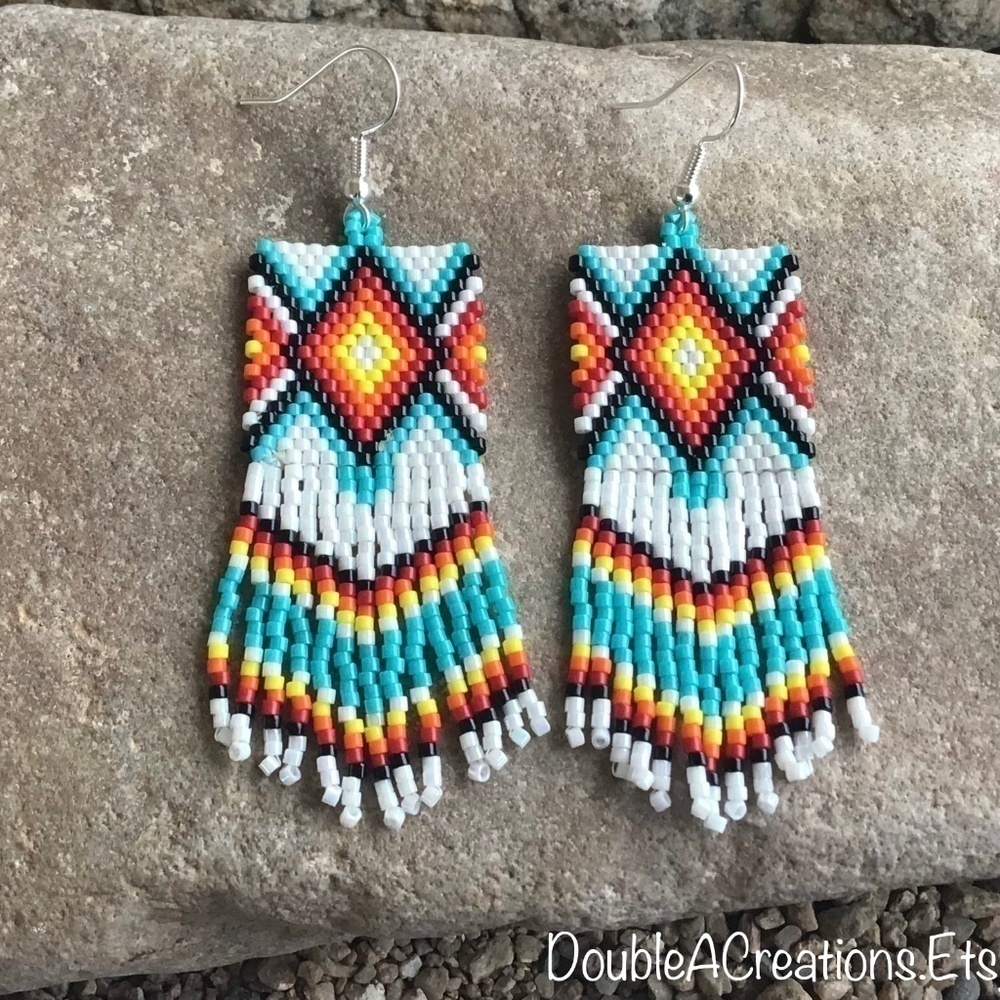 Native Diamond Beaded Earrings, New, Handmade By Me